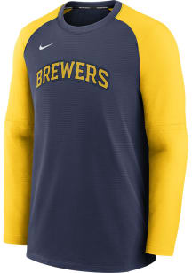 Nike Milwaukee Brewers Mens Navy Blue PREGAME CREW TOP Long Sleeve Sweatshirt