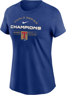 Nike Texas Rangers Womens Blue 2023 WS Champions Gold Lockup Short Sleeve T-Shirt