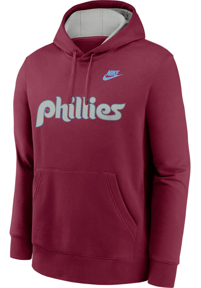 Nike Philadelphia Phillies Mens MAROON Rewind Club Fleece Hoodie