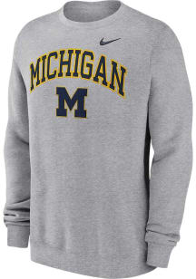 Mens Michigan Wolverines Grey Nike Club Fleece Crew Sweatshirt