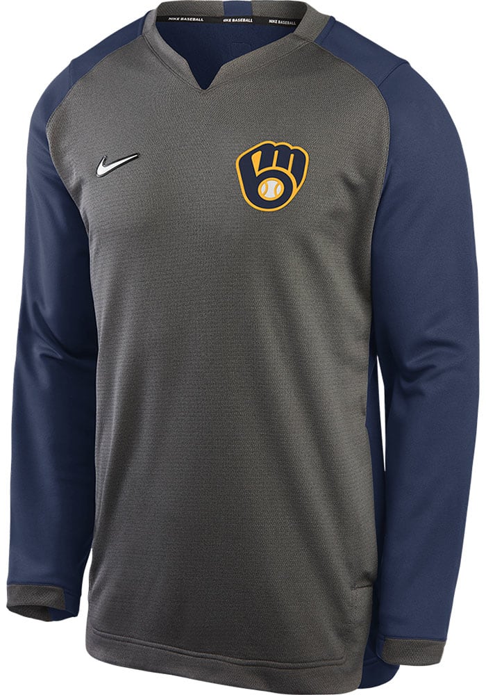 Men's Nike Gray/Navy Milwaukee Brewers Authentic Collection Game  Performance Pullover Sweatshirt