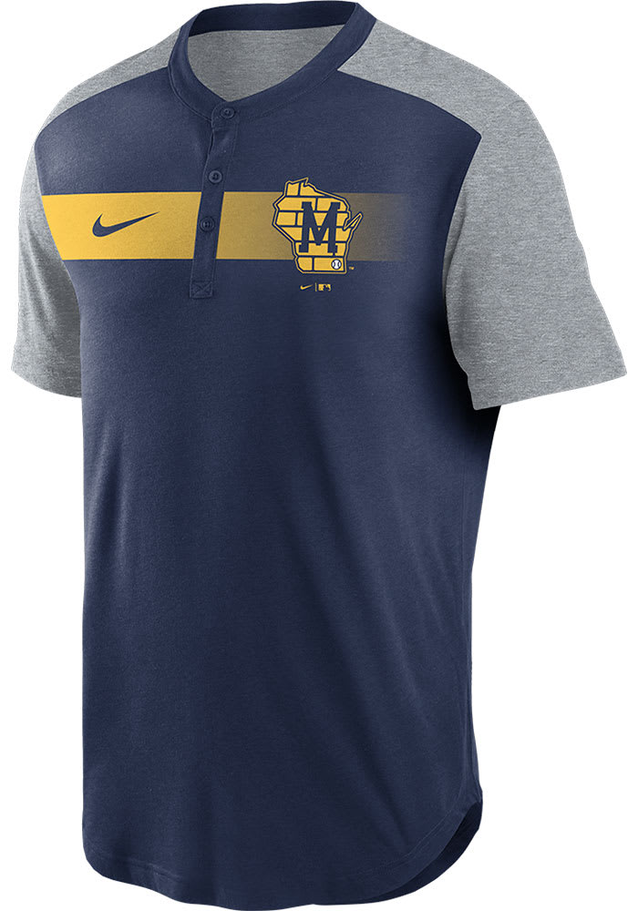 Nike Milwaukee Brewers Navy Blue Henley Short Sleeve Fashion T Shirt