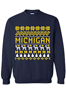 Michigan Wolverines Mens Navy Blue Holiday Sweater Long Sleeve Crew Sweatshirt