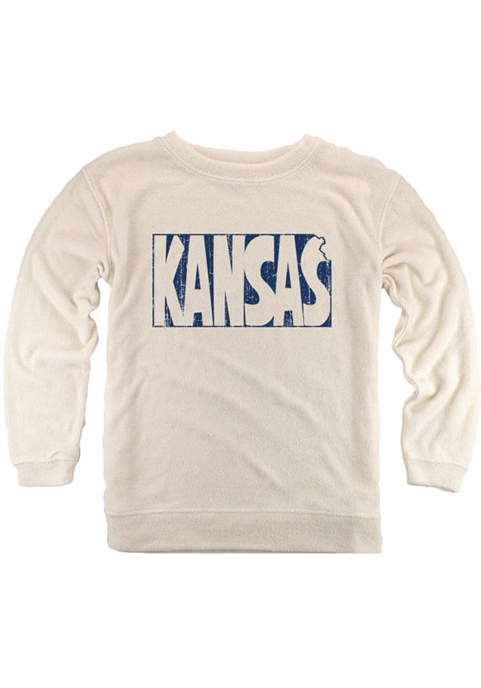Kansas Womens Oatmeal State Shape Wordmark Cozy Long Sleeve Crew Sweatshirt