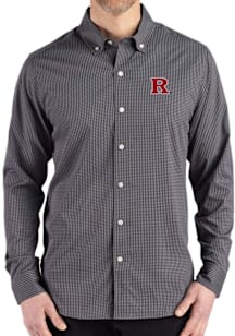 Mens Rutgers Scarlet Knights Black Cutter and Buck Gingham LS Woven Long Sleeve Dress Shirt