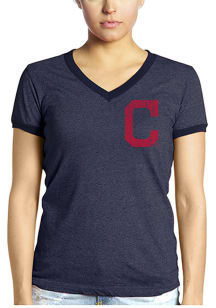 Cleveland Indians Womens Navy Blue Primary Logo V-Neck T-Shirt