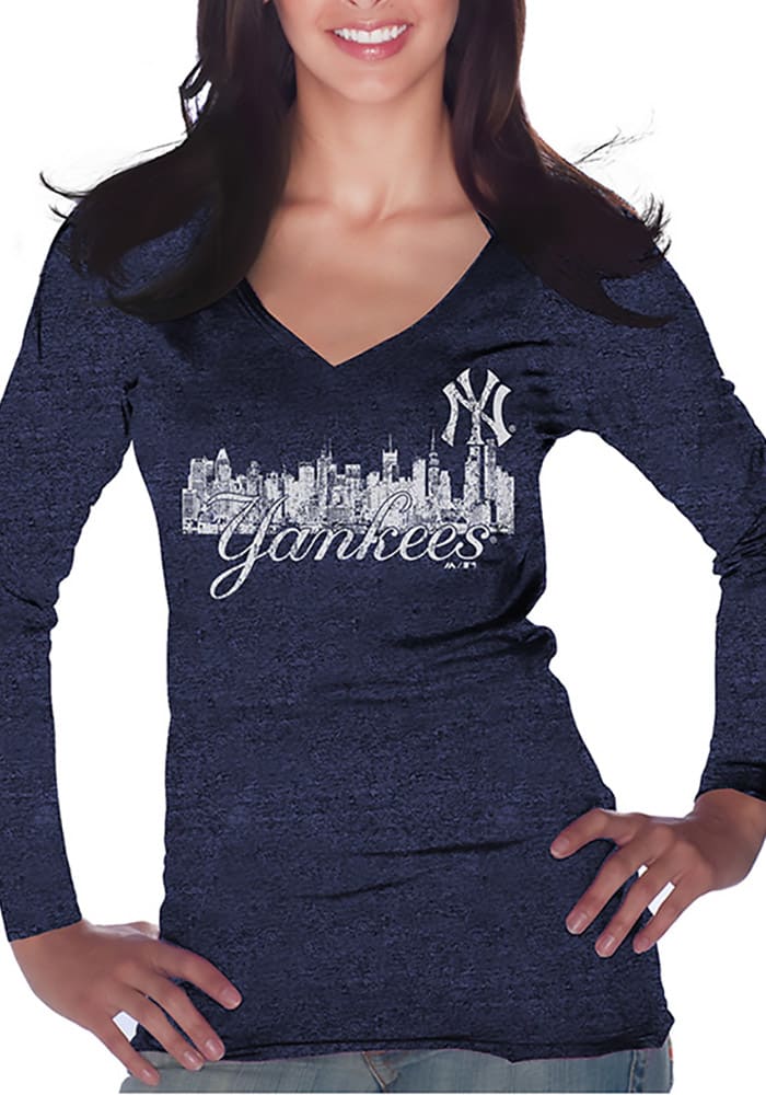 New York Yankees Womens Navy Blue Skyline Long Sleeve T-Shirt