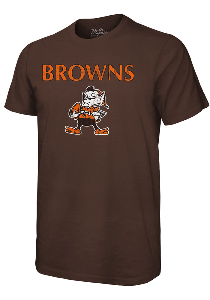 Brownie # Cleveland Browns Brown Majestic Threads Wordmark Over Retro Short Sleeve Fashion T Shirt