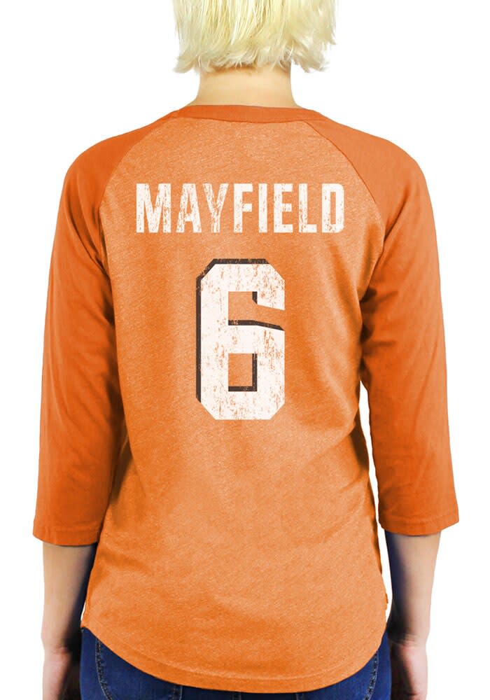 Baker Mayfield Cleveland Browns Majestic Women's Player Name & Number Tri-Blend 3/4-Sleeve Raglan T-Shirt - Brown, Size: Small