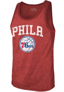 Philadelphia 76ers Mens Red Wordmark Over Logo Short Sleeve Tank Top