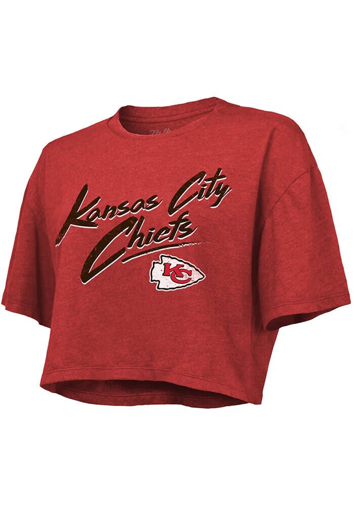 Women's Majestic Threads Patrick Mahomes Red/White Kansas City Chiefs  Drip-Dye Player Name & Number Tri-Blend Crop T-Shirt