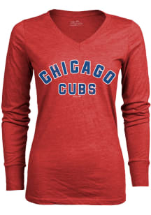 Chicago Cubs Womens Red Triblend Wordmark LS Tee