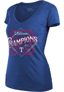 Texas Rangers Womens Blue 2023 WS Champions Suspect Short Sleeve T-Shirt