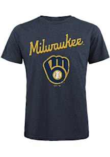 Milwaukee Brewers Navy Blue Wordmark over logo Short Sleeve Fashion T Shirt