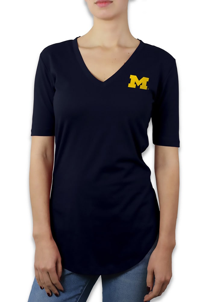 Michigan Wolverines Womens Navy Blue Elbow Sleeve V-Neck T-Shirt