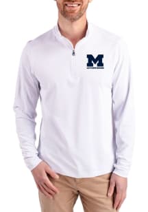 Mens Michigan Wolverines White Cutter and Buck Letterwinners M Club Virtue Eco Pique Qtr Zip Pullo..