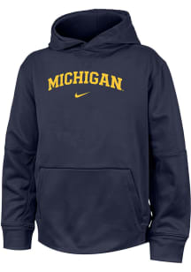 Youth Michigan Wolverines Navy Blue Nike Arch Wordmark Graphic Long Sleeve Hooded Sweatshirt