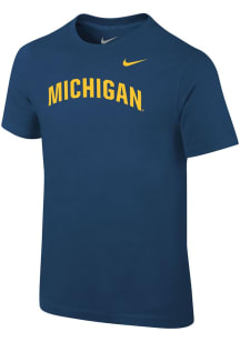 Boys Michigan Wolverines Blue Nike Arch Wordmark Design Short Sleeve T-Shirt