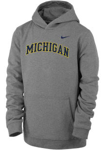 Youth Michigan Wolverines Grey Nike Arch Wordmark Design Long Sleeve Hooded Sweatshirt