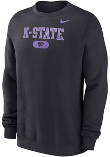 Mens K-State Wildcats Charcoal Nike Club Fleece Wordmark Logo Pill Crew Sweatshirt