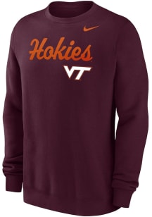 Nike Virginia Tech Hokies Mens Maroon Script Club Fleece Long Sleeve Crew Sweatshirt