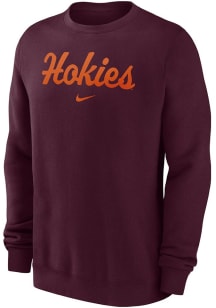 Nike Virginia Tech Hokies Mens Maroon Flat Name Mascot Club Fleece Long Sleeve Crew Sweatshirt