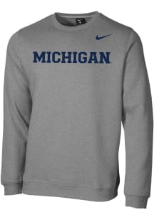 Mens Michigan Wolverines Grey Nike Club Fleece Crew Sweatshirt