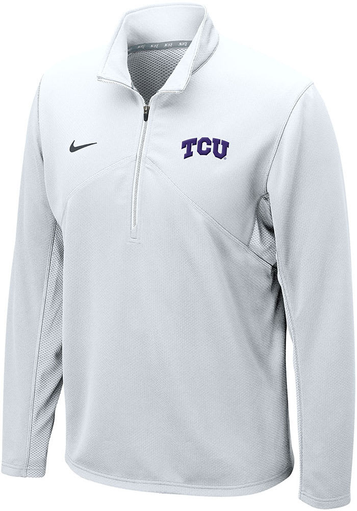 Nike TCU Horned Frogs Mens White Dri-FIT Training Wordmark Long Sleeve 1/4 Zip Pullover