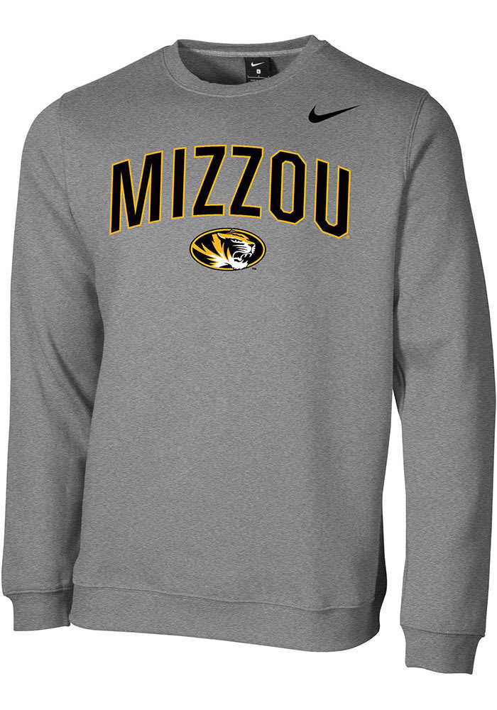 Nike Missouri Tigers Mens Grey Club Fleece Arch Mascot Long Sleeve Crew Sweatshirt