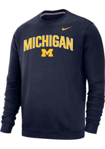 Nike Michigan Wolverines Mens Navy Blue Club Fleece Arch Mascot Long Sleeve Crew Sweatshirt