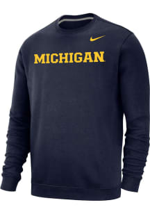 Nike Michigan Wolverines Mens Navy Blue Club Fleece Wordmark Long Sleeve Crew Sweatshirt