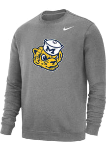 Nike Michigan Wolverines Mens Grey Club Fleece Vintage Logo Long Sleeve Crew Sweatshirt