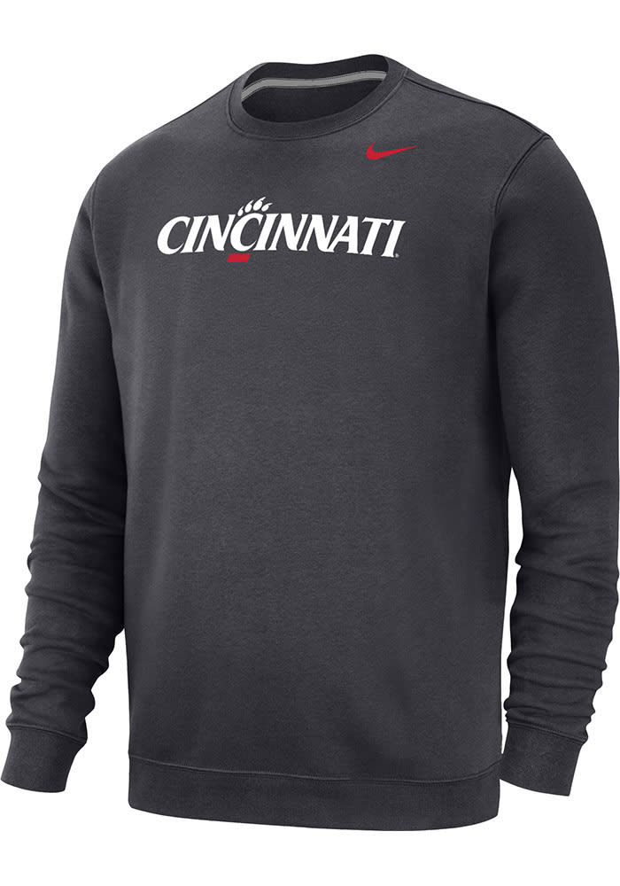Nike Cincinnati Bearcats Mens Charcoal Club Fleece Wordmark Long Sleeve Crew Sweatshirt