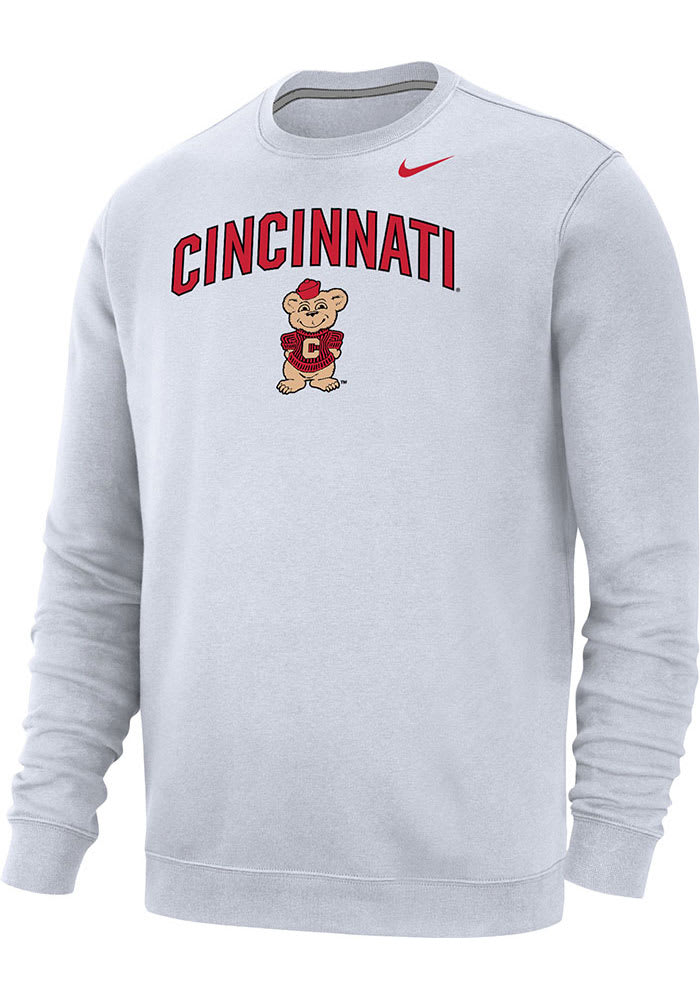 Nike Cincinnati Bearcats Mens White Club Fleece Vault Arch Mascot Long Sleeve Crew Sweatshirt