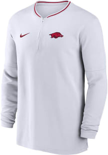 Nike Arkansas Razorbacks Mens White Sideline DriFIT Half Zip Gameday Long Sleeve Qtr Zip Pullove..