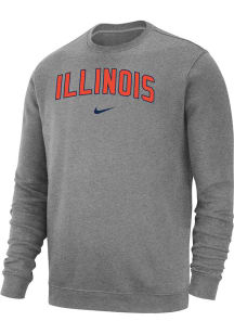 Nike Illinois Fighting Illini Mens Grey Club Fleece Arch Name Long Sleeve Crew Sweatshirt