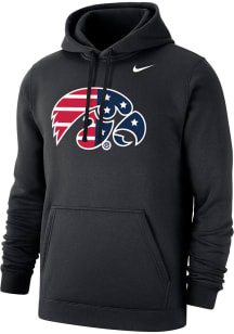 Mens Iowa Hawkeyes Black Nike Primary Logo American Flag Club Fleece PO Hooded Sweatshirt