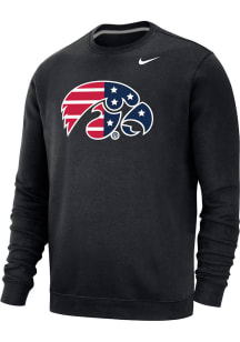 Mens Iowa Hawkeyes Black Nike Primary Logo American Flag Club Fleece Crew Sweatshirt