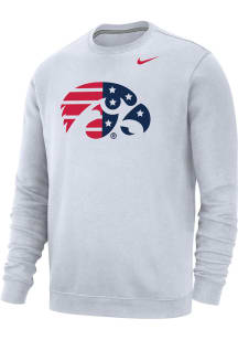 Mens Iowa Hawkeyes White Nike Primary Logo American Flag Club Fleece Crew Sweatshirt