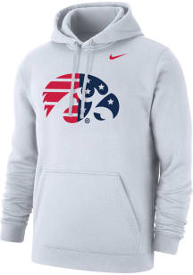 Mens Iowa Hawkeyes White Nike Primary Logo American Flag Club Fleece PO Hooded Sweatshirt
