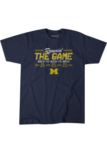 BreakingT Michigan Wolverines Navy Blue Back To Back To Back Football Short Sleeve T Shirt