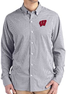Mens Wisconsin Badgers Black Cutter and Buck Gingham LS Woven Long Sleeve Dress Shirt