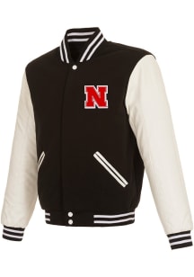 Mens Black Nebraska Cornhuskers Reversible Fleece and Faux Leather Medium Weight Jacket