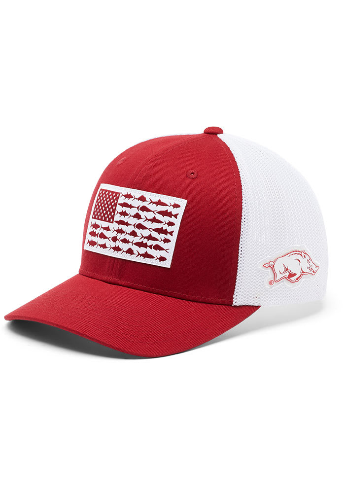 Arkansas Razorbacks Mens PFG Mesh Fish Flag RED Columbia Flex Hat