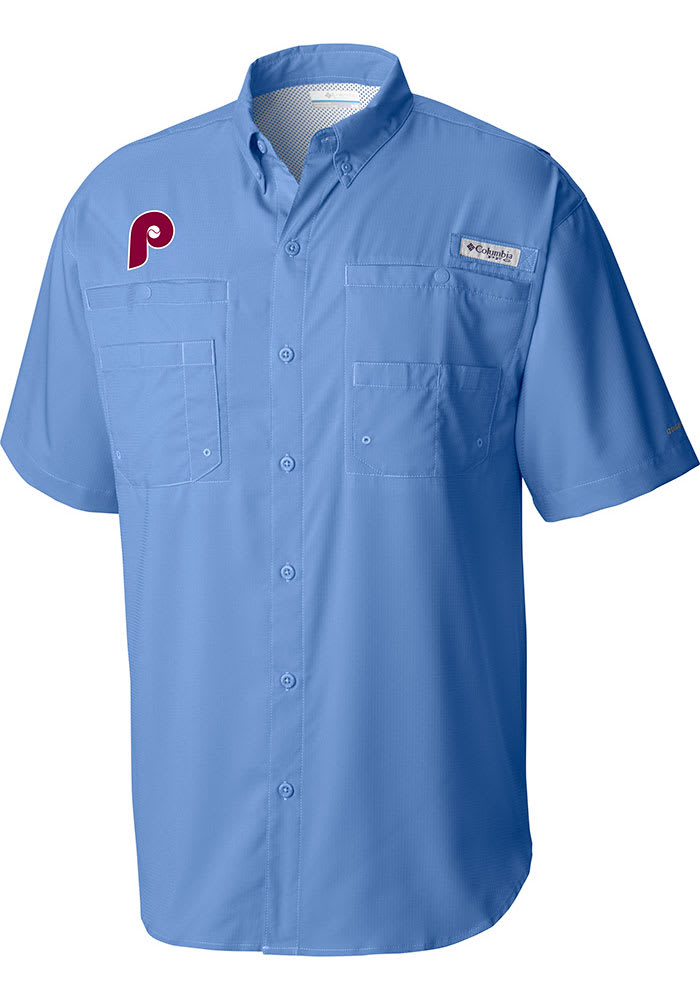 Columbia Philadelphia Phillies Mens Light Blue TAMIAMI Short Sleeve Dress Shirt