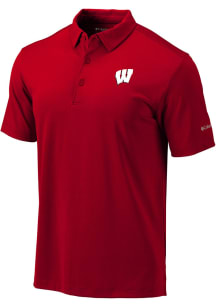 Mens Wisconsin Badgers Red Columbia Heat Seal Omni-Wick Drive Short Sleeve Polo Shirt