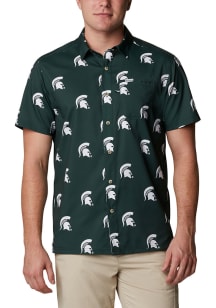 Columbia Michigan State Spartans Mens Green Super Slack Tide Short Sleeve Dress Shirt