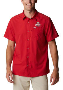 Columbia Ohio State Buckeyes Mens Red Slack Tide Camp Short Sleeve Dress Shirt