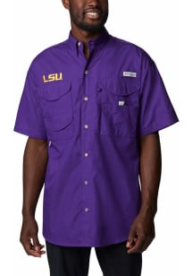Columbia LSU Tigers Mens Purple Bonehead Team Short Sleeve Dress Shirt