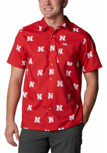 Mens Nebraska Cornhuskers Red Columbia Super Slack Short Sleeve Dress Shirt